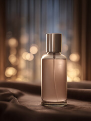 Elegant glass perfume bottle with sleek design, softly illuminated against blurred background of warm bokeh lights, creating serene and inviting atmosphere
