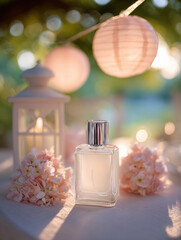 Delicate glass perfume bottle sits elegantly on table adorned with soft pink flowers and illuminated by warm lantern light, creating serene and romantic atmosphere
