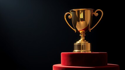 A gleaming gold trophy displayed on a velvet pedestal, capturing achievement and prestige.