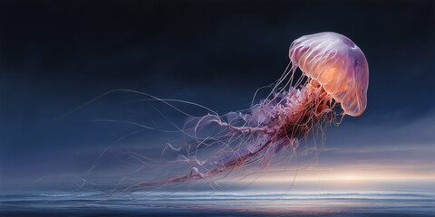 Dreamlike floating neon jellyfish glowing bioluminescent above surreal ocean atmosphere with hyperrealistic fantasy marine environment composition