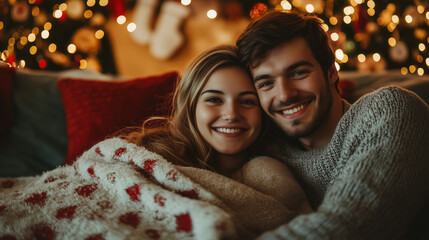 a young couple cuddling under a blanket while watching a Christmas movie, decorated living room
