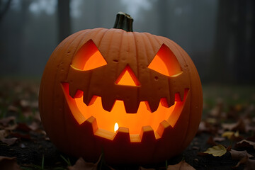 Spooky jack-o-lantern glowing on the ground in fog