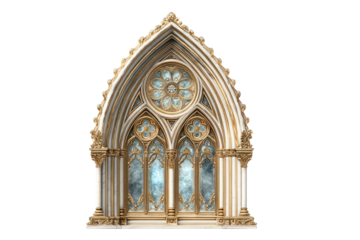 Ornate Gothic-style window facade.  Detailed, golden, arched frame.  Translucent, light-blue window with decorative pattern.  Architectural design
