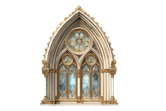 Ornate Gothic-style window facade.  Detailed, golden, arched frame.  Translucent, light-blue window with decorative pattern.  Architectural design