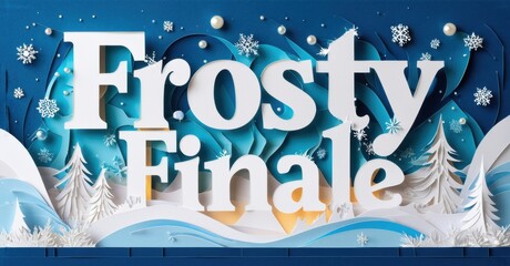 Papercraft design features Frosty Finale text. Blue tones dominate with snow, trees, winter scene. Festive, bright, layered effect.
