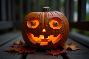 Jack-o'-lantern with eyeball eyes and candle inside on wooden porch with autumn leaves