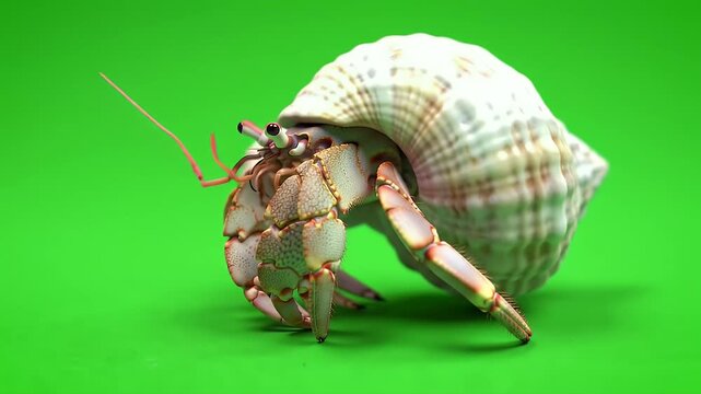 Hermit crab isolated on a vibrant green background, showcasing its unique shell and marine animal features