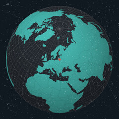 Lithuania on Globe. Vintage look with grunge scratched texture. Country view on world map in Dark Charcoal Turquoise color palette. Lithuania shape on map. Globe with meridians and parallels.