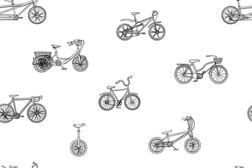 Seamless pattern of bicycle transport icons. Monocycle, tandem bicycle, tricycle. Sport. Cycling. Healthy lifestyle. Active lifestyle. Walking bicycle. Vehicle. Biking. Hand drawn. Doodles © Natalia