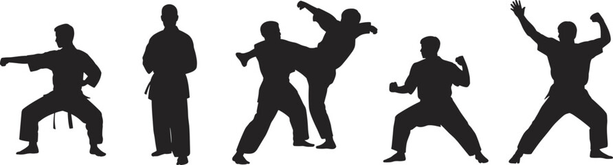 Silhouettes of martial artists practicing karate and kickboxing moves, black vector illustration, fighting stances, martial arts training, karate poses, isolated on white background