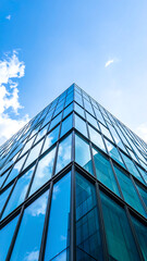 Obraz premium Low angle view of a modern glass building reflecting the blue sky and clouds.