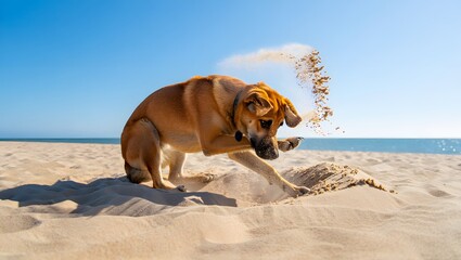 Energetic dog digs enthusiastically in sandy beach under bright blue sky