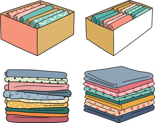 Colorful fabric rolls stacked in boxes and neatly folded in hand-drawn style  