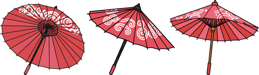 Red hand-drawn umbrellas with decorative patterns in different positions  