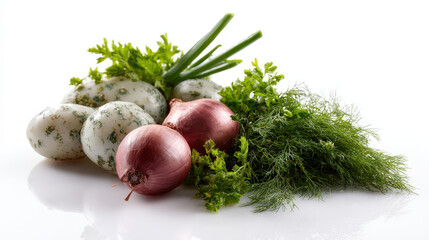 Produce plant concept Fresh produce includes eggs, onions, and herbs, showcasing vibrant plant arrangement that enhances any dish