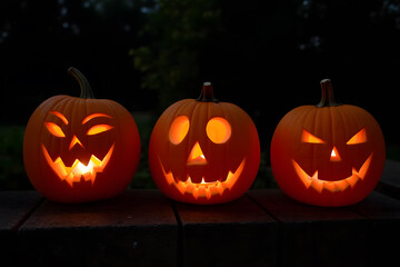 Fototapeta premium Three glowing jack-o'-lanterns with different expressions at night