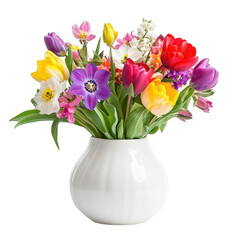 Fototapeta premium Vibrant spring bouquet of mixed flowers in a white vase isolated on transparent background