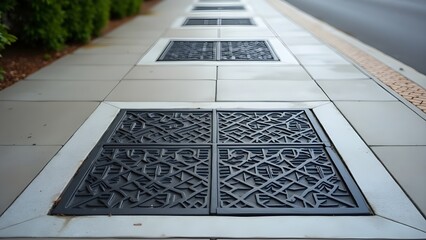A row of decorative metal sewer grates on a clean tiled sidewalk.