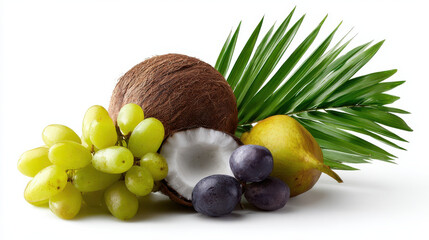 Produce plant concept Fresh produce from tropical plant includes grapes, coconut, and pear, creating vibrant and healthy display