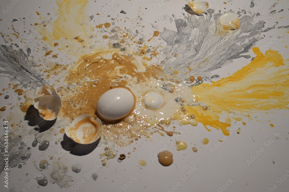 Aufkleber egg explosion art display featuring bright yellow and white splatters with broken shells on textured