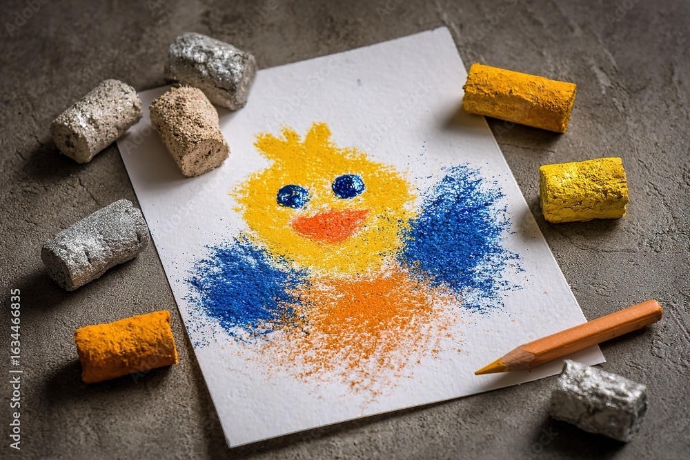 Poster charming yellow duckling crafted with colorful chalk on a textured surface in an artistic environmen