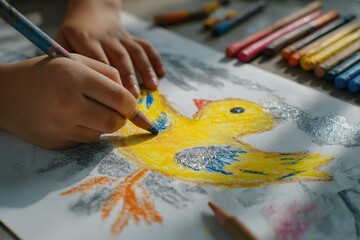 Obraz premium Young child creates colorful artwork of a bird using crayons in bright sunlight indoors