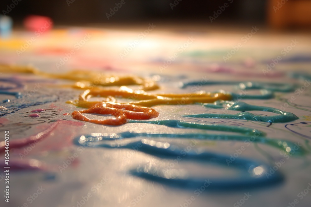 Poster colorful paint swirls create an artistic design on a canvas during a creative session at a community