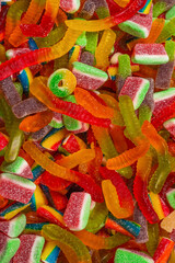 Assorted gummy candies. Top view. Jelly  sweets background.