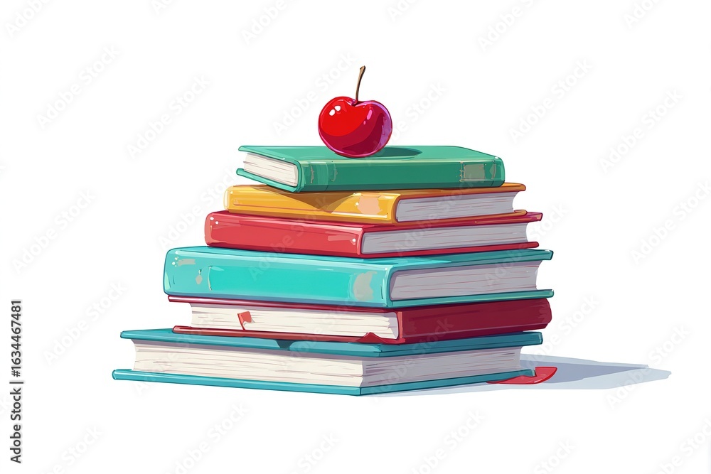 Poster stacked colorful books with a red cherry on top in a simple, bright setting