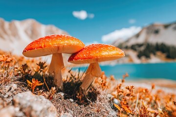 Two vibrant orange-red mushrooms with white stems stand on a rocky, grassy hillside near a turquoise lake, mountain backdrop