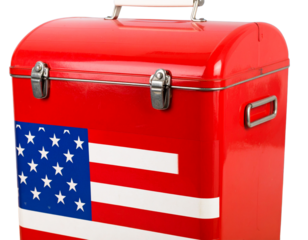  Vintage Red Metal Cooler with American Flag Graphic, Isolated on Transparent Background
