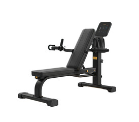 Black adjustable weight bench with console.  Features padded seat and armrests, adjustable incline/decline, and control panel