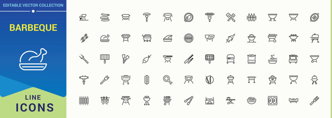 Barbeque line icon set. Minimal linear icons. Includes thin line symbols barbecue, picnic, food, party. Pixel perfect. Vector illustration. Grill And Bbq icon set in linear style.