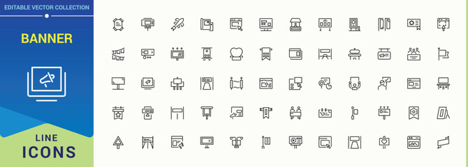 Banner line icon. Flag icon set in linear style. Collection for mobile and web apps. Contain linear sign mark, landmark, national, flag and more. Editable stroke. Vector illustration.