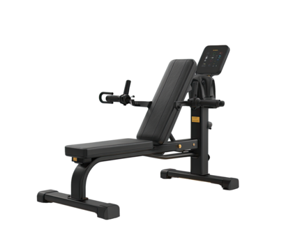Black adjustable weight bench with console.  Features padded seat and armrests, adjustable incline/decline, and control panel