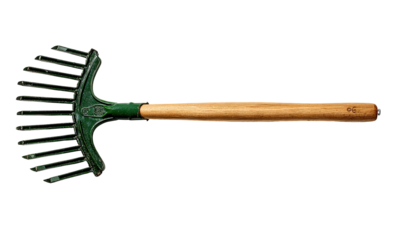 Garden rake with a wooden handle and a green metal tine head