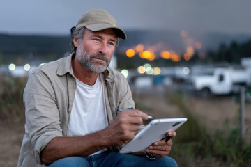 Obraz premium A middle-aged man thoughtfully sketches on a tablet, surrounded by a smoky landscape with a distant fire, capturing a moment of calm amid chaos and uncertainty in nature.