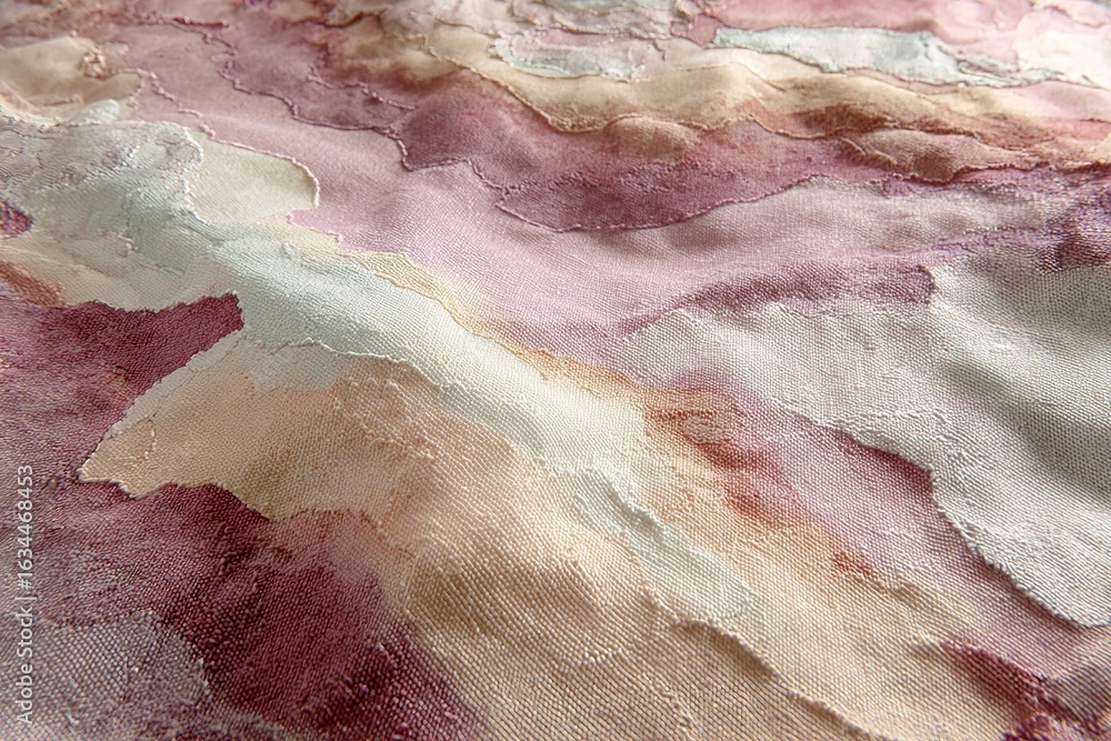 Poster textile close-up showcasing intricate patterns in soft hues of pink and cream with textured surface 