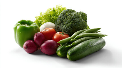Produce plant concept Fresh produce from plant includes lettuce, broccoli, green beans, tomatoes, and cucumbers, showcasing healthy eating