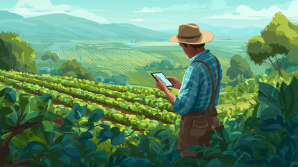 Two men are standing in a lush green garden, looking at a tablet. Scene is peaceful and serene, as the men are surrounded by nature and technology