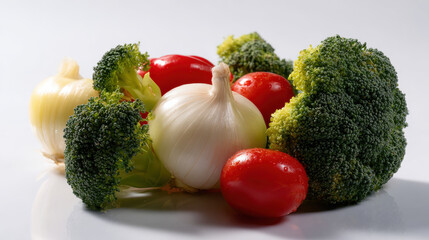 Produce plant concept Fresh produce includes vibrant plant elements like onions, tomatoes, and broccoli, creating healthy and appealing display