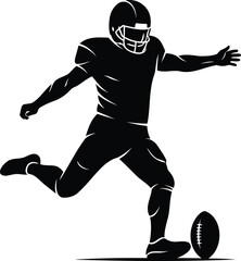 Naklejka premium Silhouette of an american football player kicking the ball during a game with strong determination and focus on the field