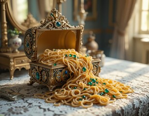 A golden ornate treasure chest filled with spaghetti and green gems on a lace covered table