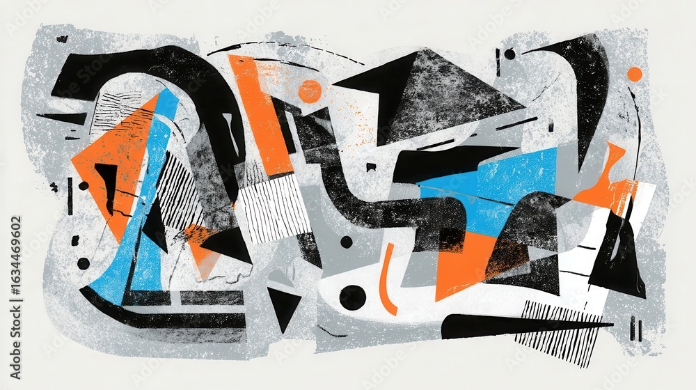 Poster abstract composition of geometric shapes in various colors and textures.