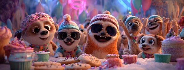 Happy Animated Animals Celebrate Winter Party