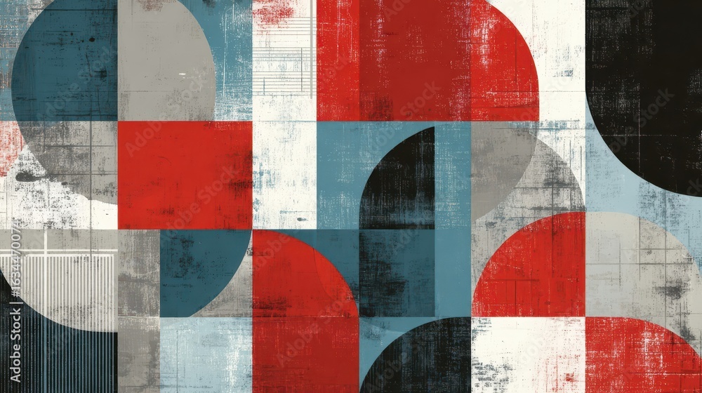 Poster geometric abstract design with bold colors and textured shapes.