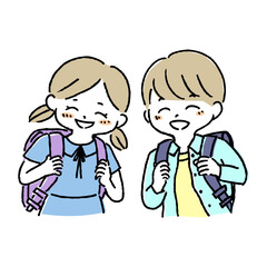 ランドセルを背負う小学生の男の子と女の子