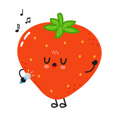 A happy cartoon strawberry singing with a microphone and musical notes.
