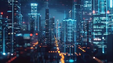 Naklejka premium Glimpses of Quantum Computing Centers Amidst a Futuristic City’s Night View: Where Luminous Skyscrapers Meet Cutting-Edge Quantum Hubs, Illuminated by Neon Glows and Holographic Interfaces.