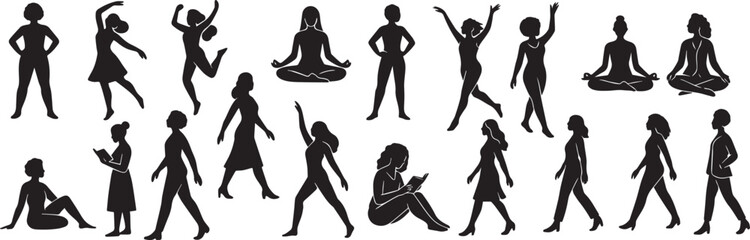 Obraz premium Collection of Diverse Female Silhouettes: Yoga, Walking, Dancing, and Relaxing Poses in Minimalist Black and White Style.